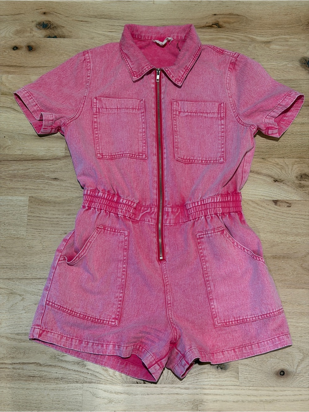 Denim Pink Zipper Romper